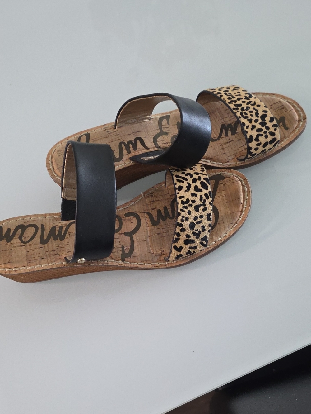 Women's Black and Leopard Print Slide Sandals